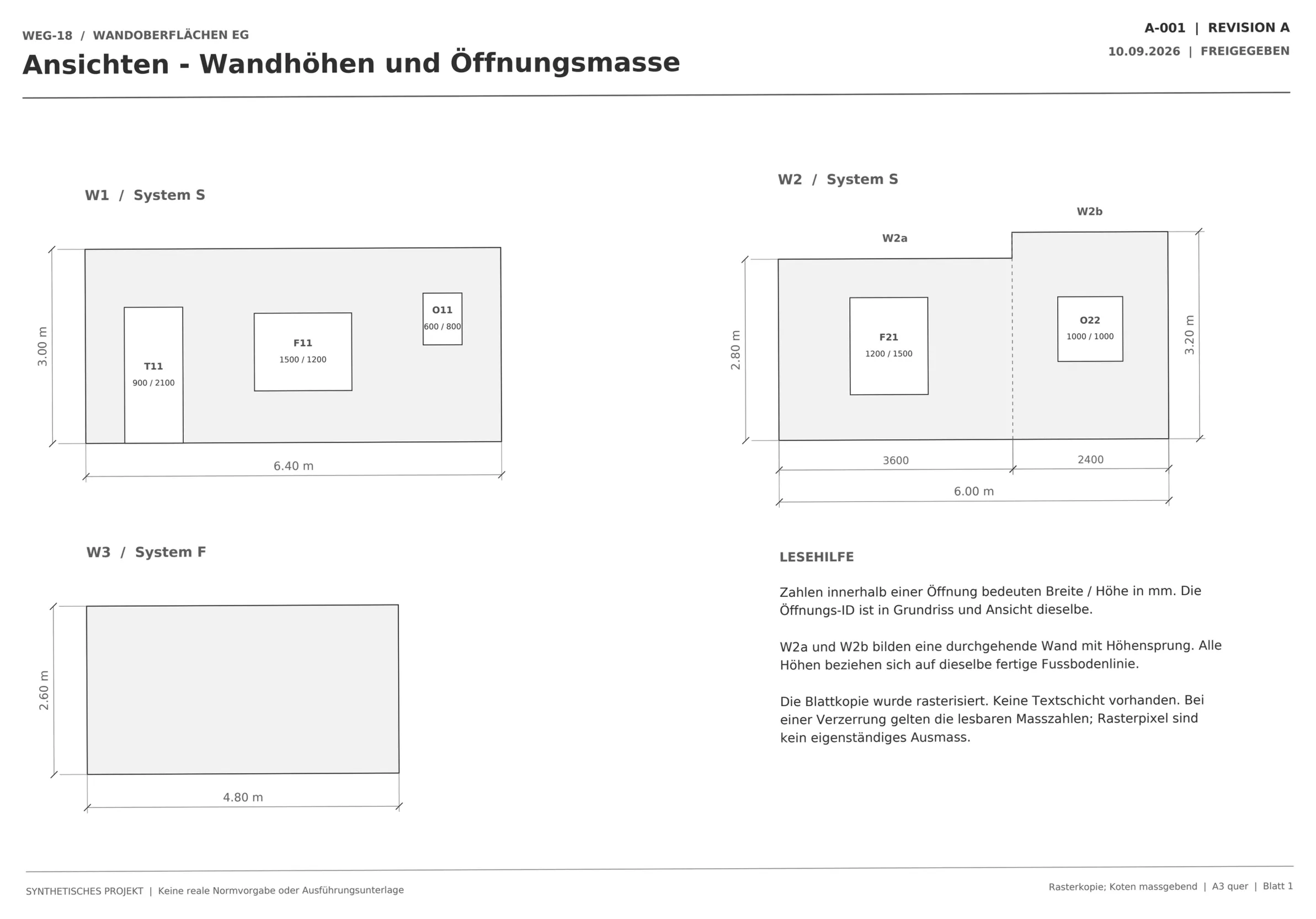Gescanntes Planblatt A-001 Revision A mit den Ansichten der Wände W1, W2 und W3: Wandhöhen 3,00 m, 2,80 m, 3,20 m und 2,60 m sowie Breite und Höhe jeder Öffnung, ohne lesbare Textschicht
