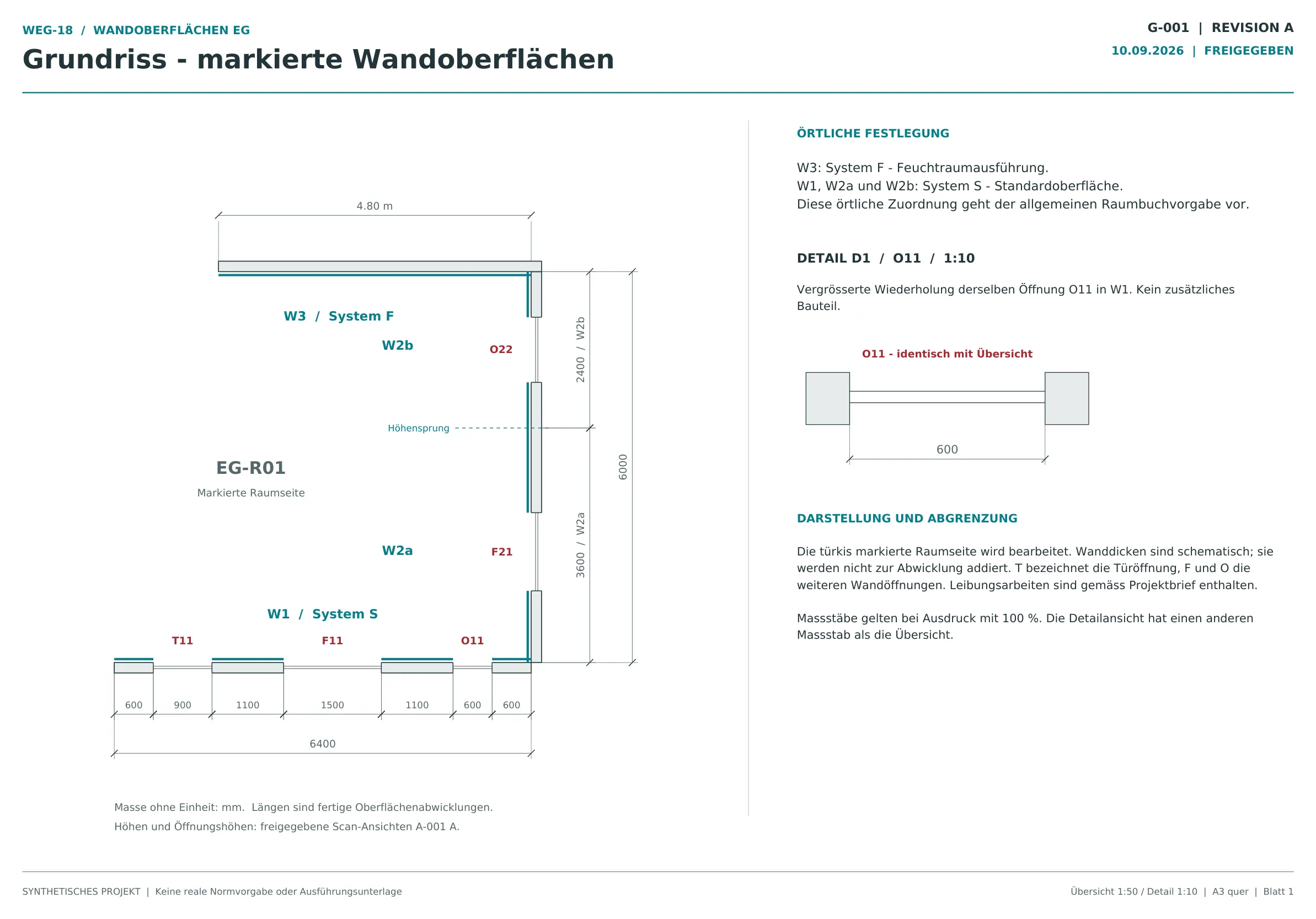 Grundriss G-001 Revision A mit den markierten Wandoberflächen W1, W2a, W2b und W3, Massketten in Millimetern, örtlicher Festlegung System F für W3 und Detail D1 der Öffnung O11