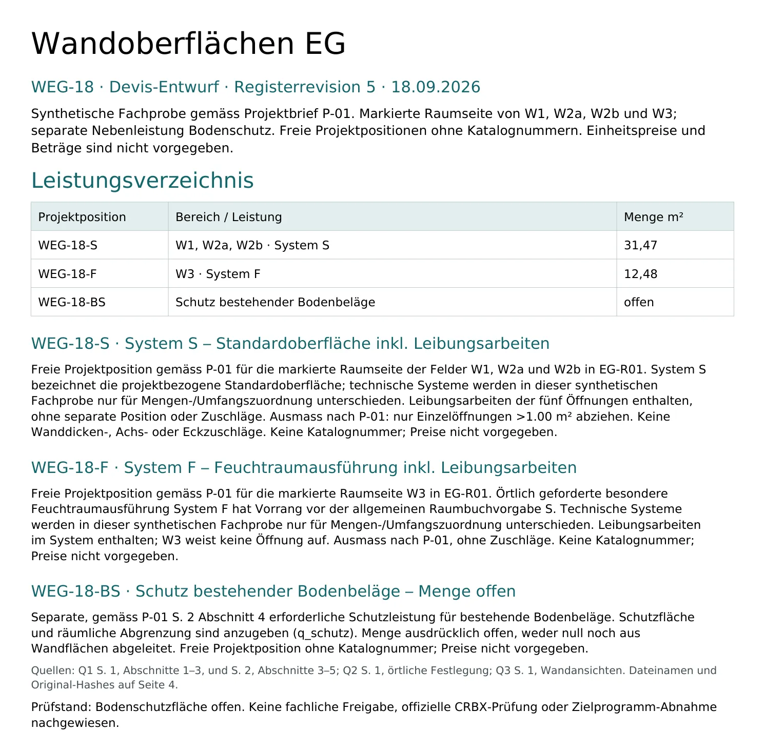 Erste Seite des Devis-Entwurfs: Leistungsverzeichnis mit drei freien Projektpositionen – System S 31,47 m², System F 12,48 m², Bodenschutz mit offener Menge – und Beschrieb je Position