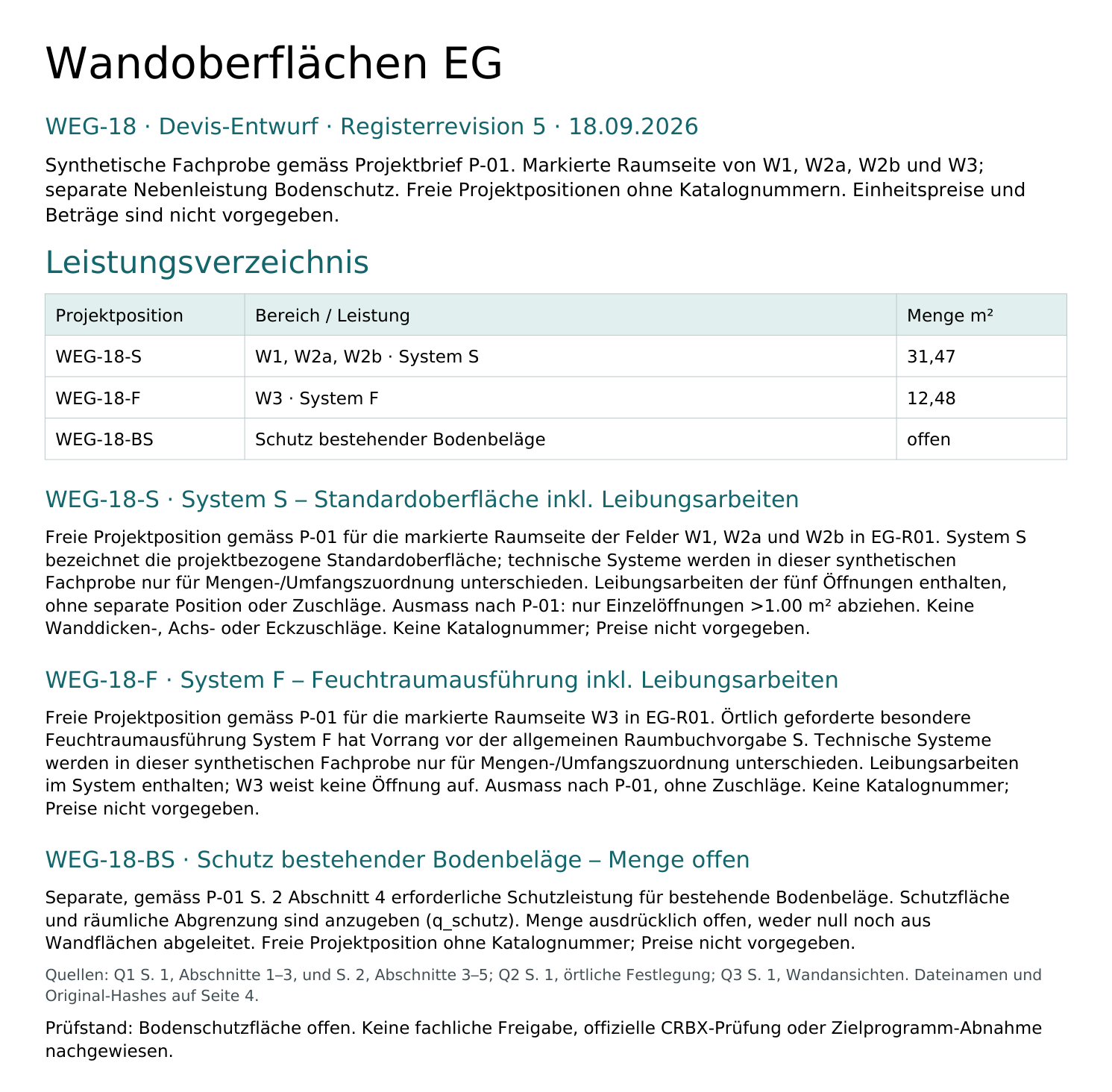 Erste Seite des Devis-Entwurfs: Leistungsverzeichnis mit drei freien Projektpositionen – System S 31,47 m², System F 12,48 m², Bodenschutz mit offener Menge – und Beschrieb je Position