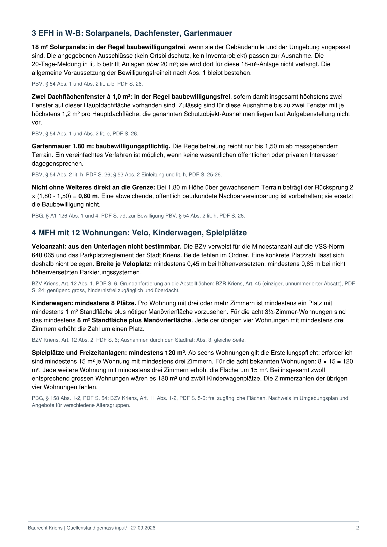 Seite 2 des Antwort-PDFs: Bewilligungspflicht für Solaranlage, Dachfenster und Gartenmauer sowie Veloplätze, Kinderwagenplätze und Spielplatzfläche; die Veloplatzzahl ist als aus den Unterlagen nicht bestimmbar ausgewiesen.