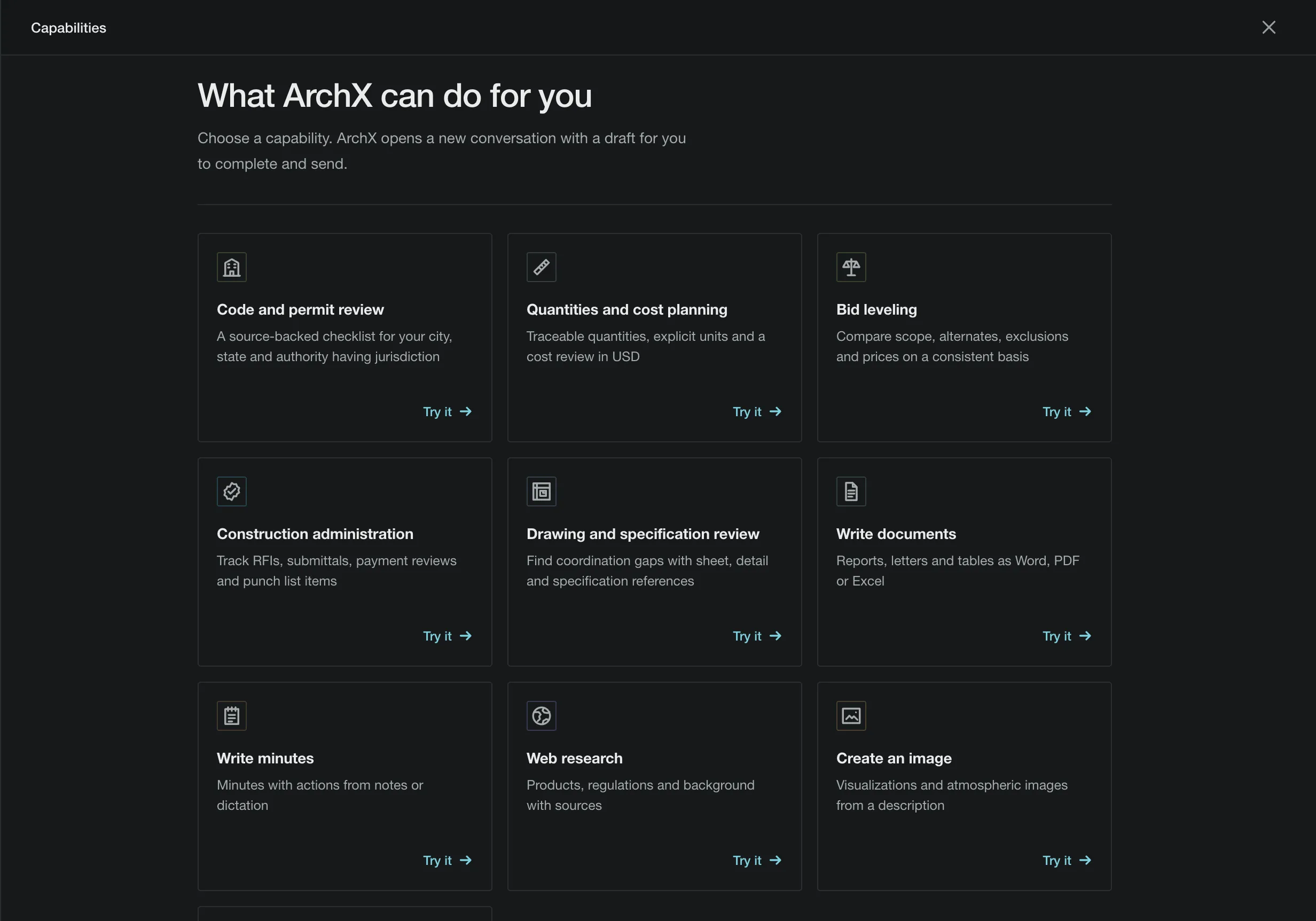 ArchX with a U.S. project: the capabilities Code and permit review, Quantities and cost planning, Bid leveling, Construction administration, Drawing and specification review, documents, minutes, web research and images