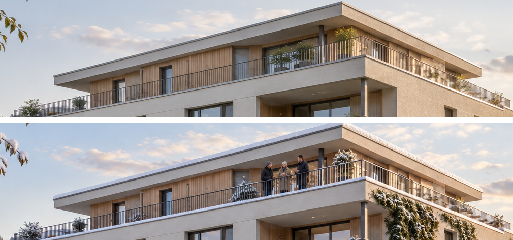 Attika oben vorher, unten nachher: Geschoss, Geländer und Fenster bleiben gleich, neu stehen drei Personen in Wintermänteln auf der Terrasse