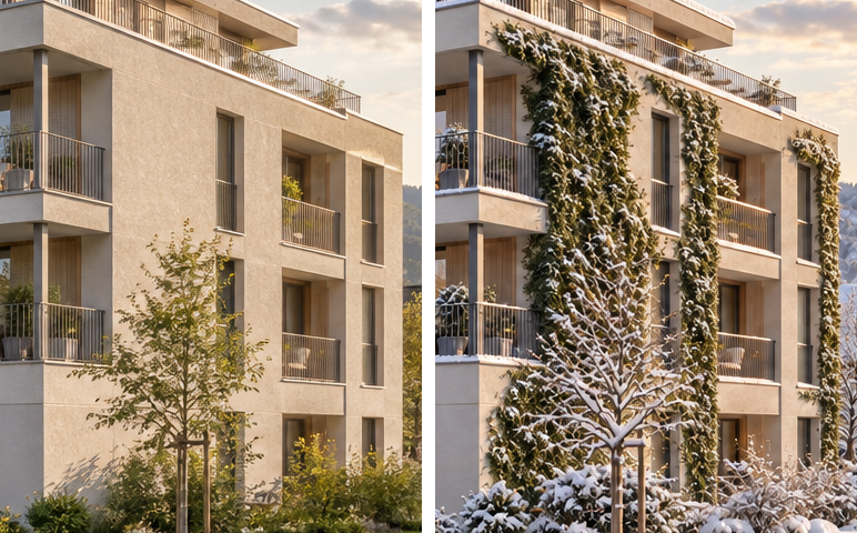 Ausschnitt rechte Gebäudeecke, links vorher im Sommer, rechts nachher im Winter: drei Efeubahnen wachsen an der Fassade, Fenster und Balkone bleiben frei