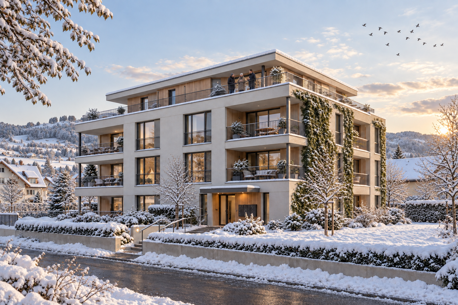 KI-Visualisierung, kein reales Gebäude: das Mehrfamilienhaus im Winter mit Schnee auf Garten, Hecken und Hügeln, Efeu an der rechten Fassade, drei Personen auf der Attika-Terrasse und einem Vogelschwarm am Himmel