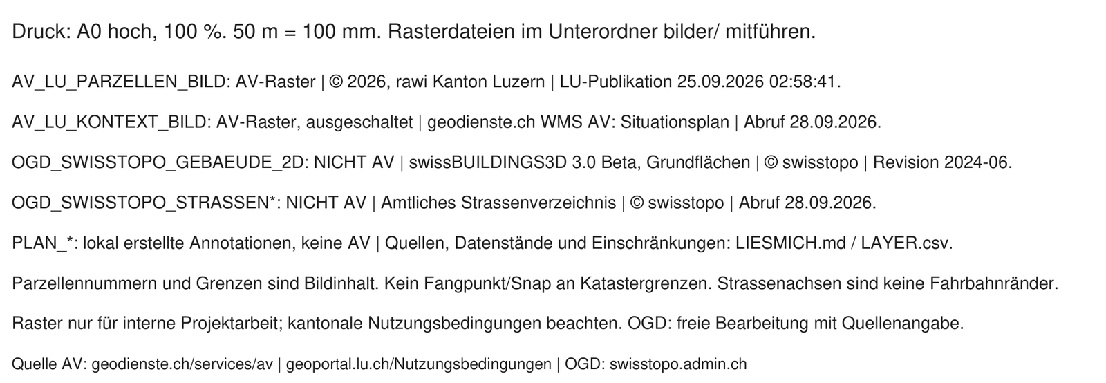 Quellenblock aus der PDF-Vorschau: je Layer Herkunft und Kennzeichnung AV oder NICHT AV, Datenstände, Hinweis, dass Parzellennummern und Grenzlinien Bildinhalt sind, und Nutzungsbedingungen