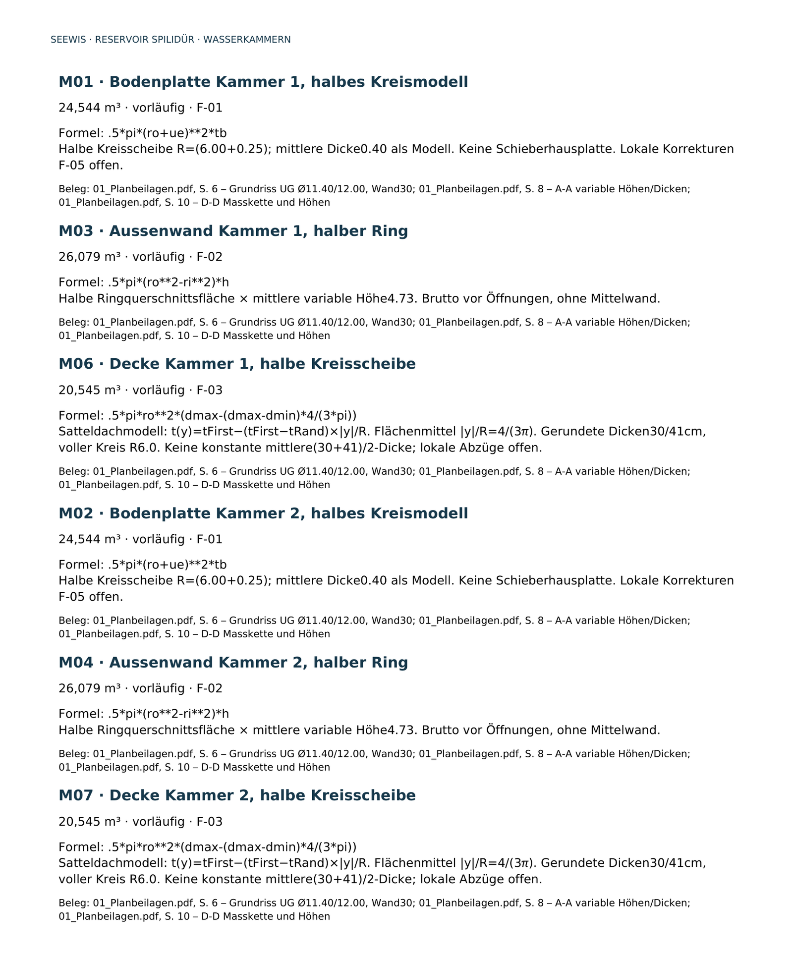 Einzelausmass im Devis-PDF: Bodenplatte, Aussenwand und Decke je Kammer mit Formel, Modellannahme und Planbeleg