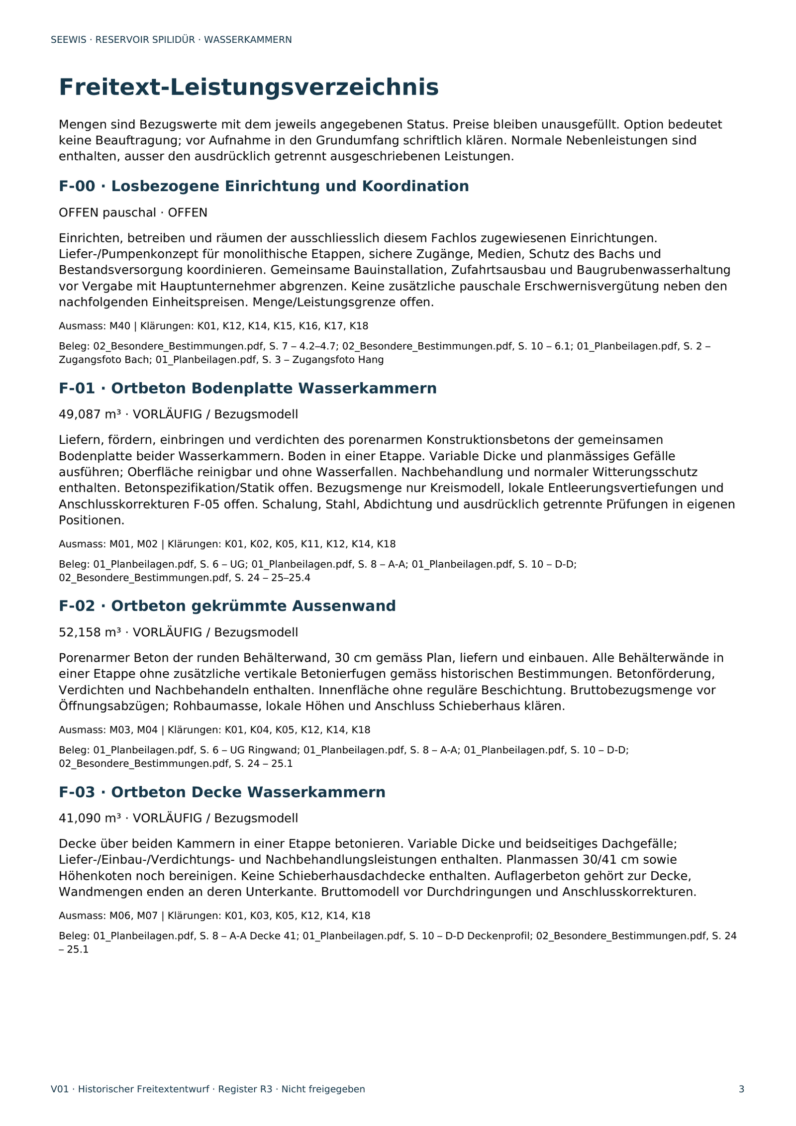 Seite 3 des Devis-PDF: Freitextpositionen F-00 bis F-03 mit Menge oder Vermerk «offen», zugeordneten Ausmasszeilen, Klärungen und Seitenbelegen in Plänen und Bestimmungen
