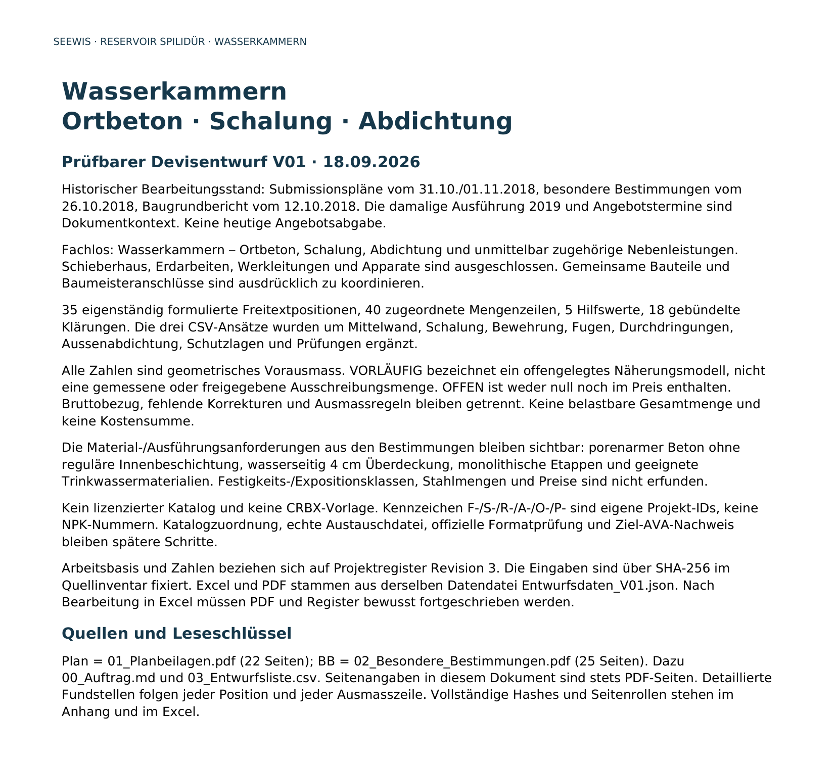 Titelseite des Devis-Entwurfs «Wasserkammern – Ortbeton, Schalung, Abdichtung» vom 18.09.2026 mit Umfang, Abgrenzung des Fachloses