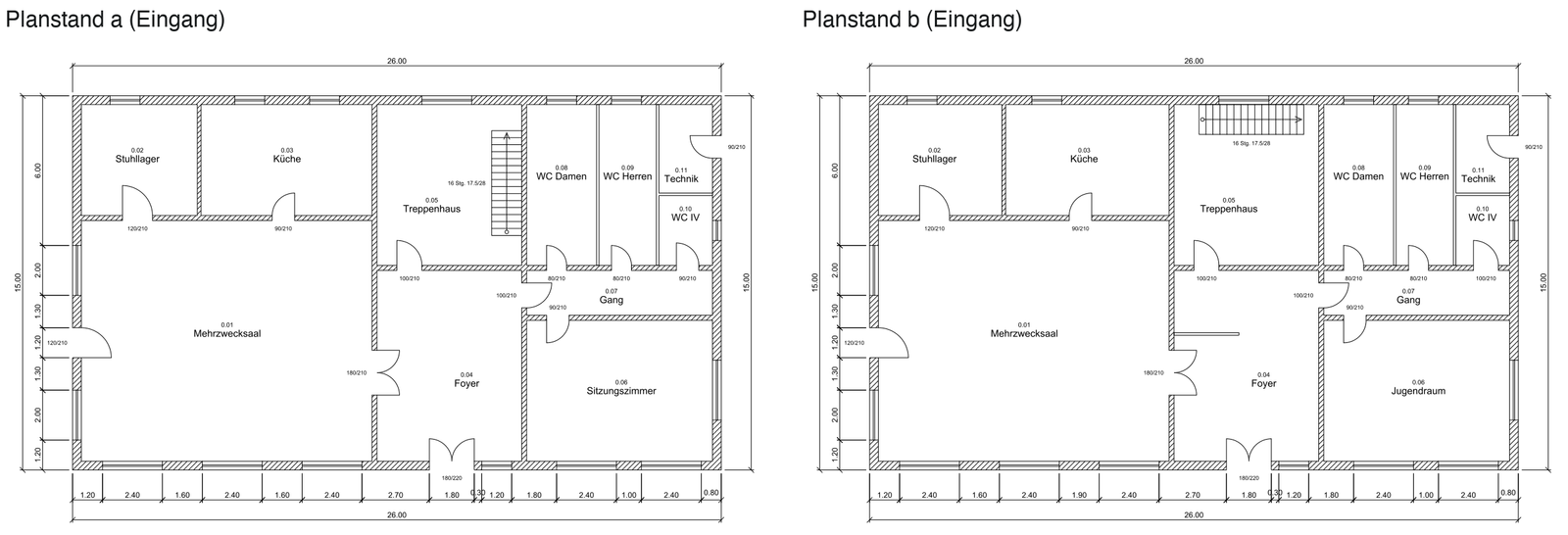 Grundriss Erdgeschoss eines Gemeindezentrums in zwei Planständen nebeneinander, links Index a, rechts Index b