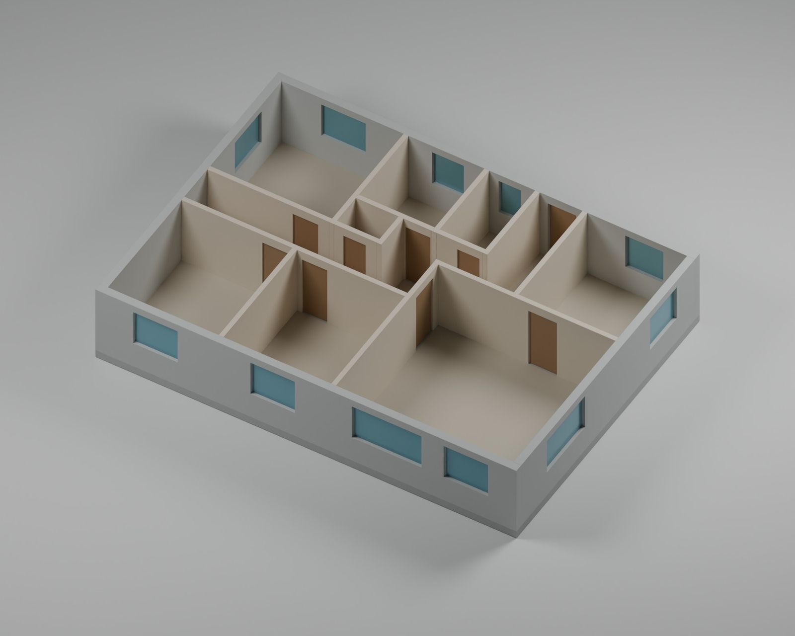 3D-Ansicht des IFC-Modells von oben ohne Decke: Räume, Türen und Fenster der Wohnung, Aussenwände grau, Innenwände beige