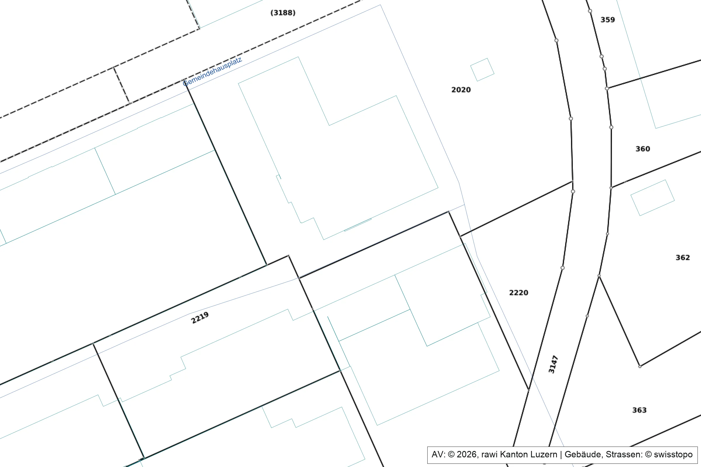 Ausschnitt aus dem DXF um das Gemeindehaus Horw, unabhängig gerendert: Parzellengrenzen und Nummern 2020, 2219, 2220, 3147 als Bild der amtlichen Vermessung, Gebäude türkis und Gemeindehausplatz blau als editierbare Vektoren. AV © 2026, rawi Kanton Luzern; Gebäude und Strassen © swisstopo