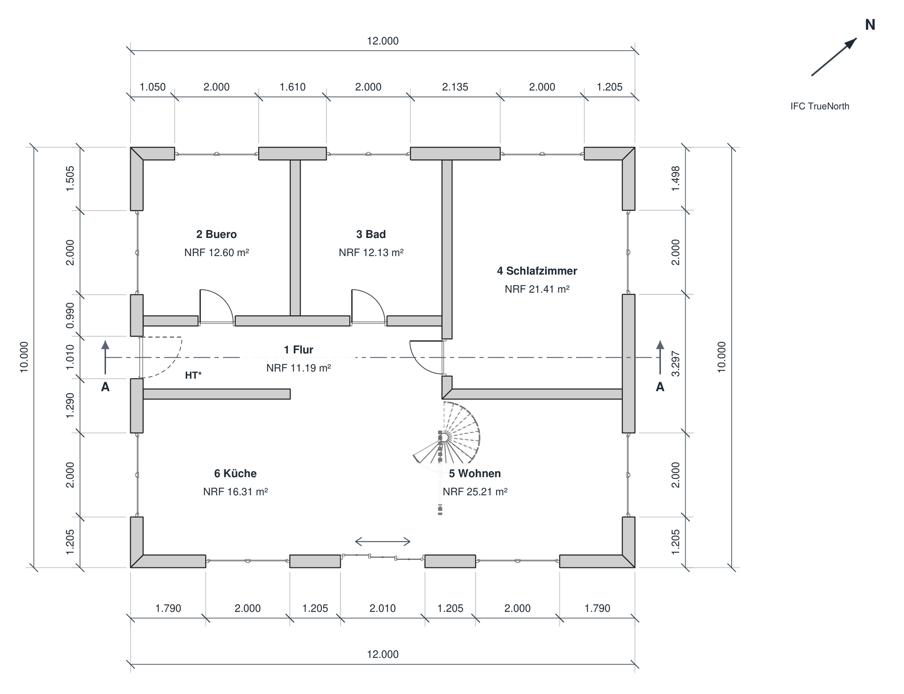 Grundriss Erdgeschoss 1:100 aus ArchX mit Raumstempeln, Türaufschlägen und äusseren Massketten