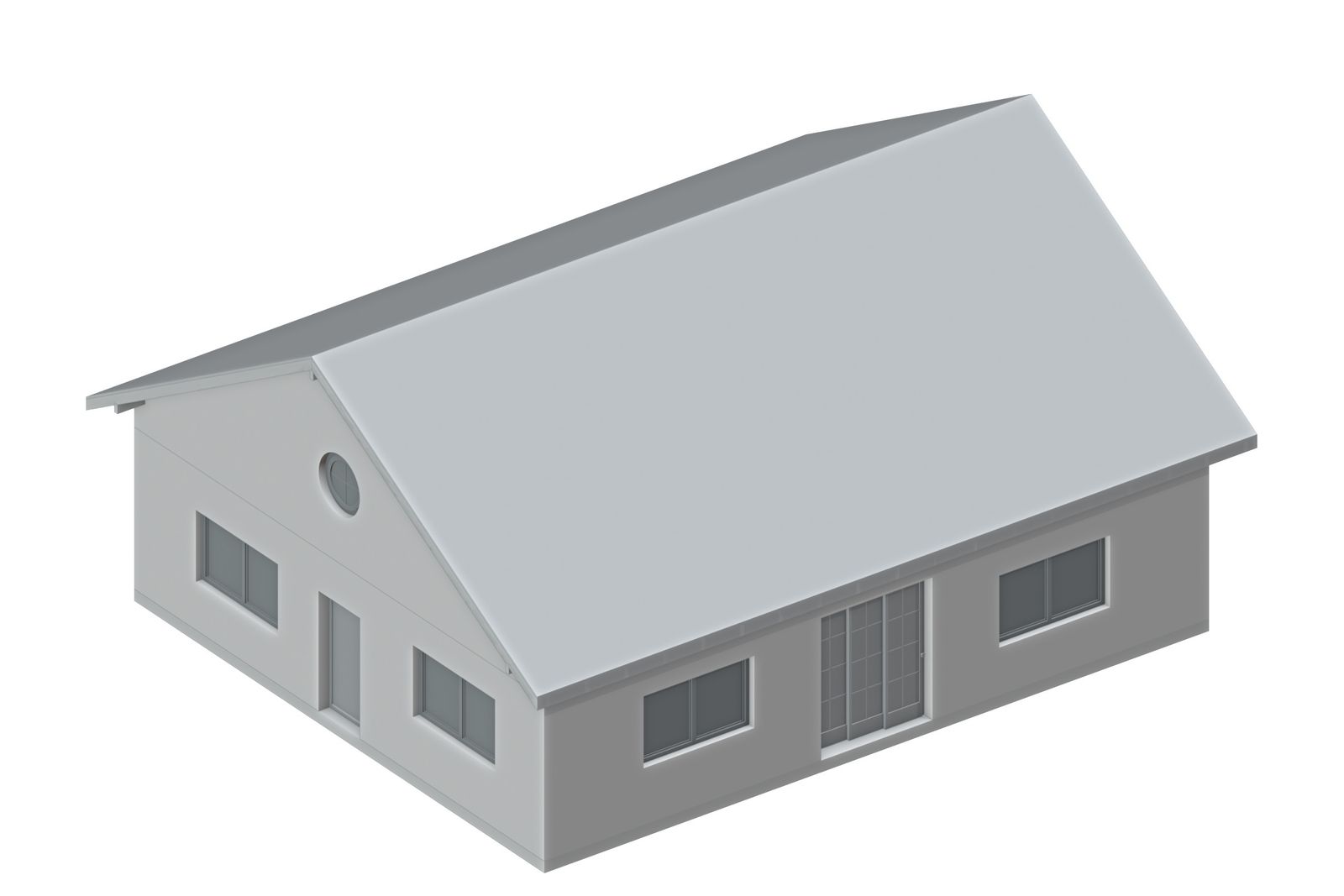 Eingang: das IFC-Modell des Beispielhauses als Axonometrie – Satteldach, Eingangsseite mit Haustür und Rundfenster, Gartenseite mit Schiebetür