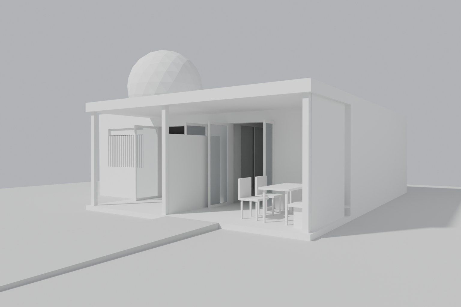 Weissmodell eines selbst erstellten Gartenateliers, aus dem 3D-Modell gerendert (kein KI-Bild): eingeschossiger Bau mit Flachdach, gedecktem Aussenplatz mit drei Stützen, Fenster mit Sichtschutzlamellen, Tisch mit Stühlen und Zugangsweg