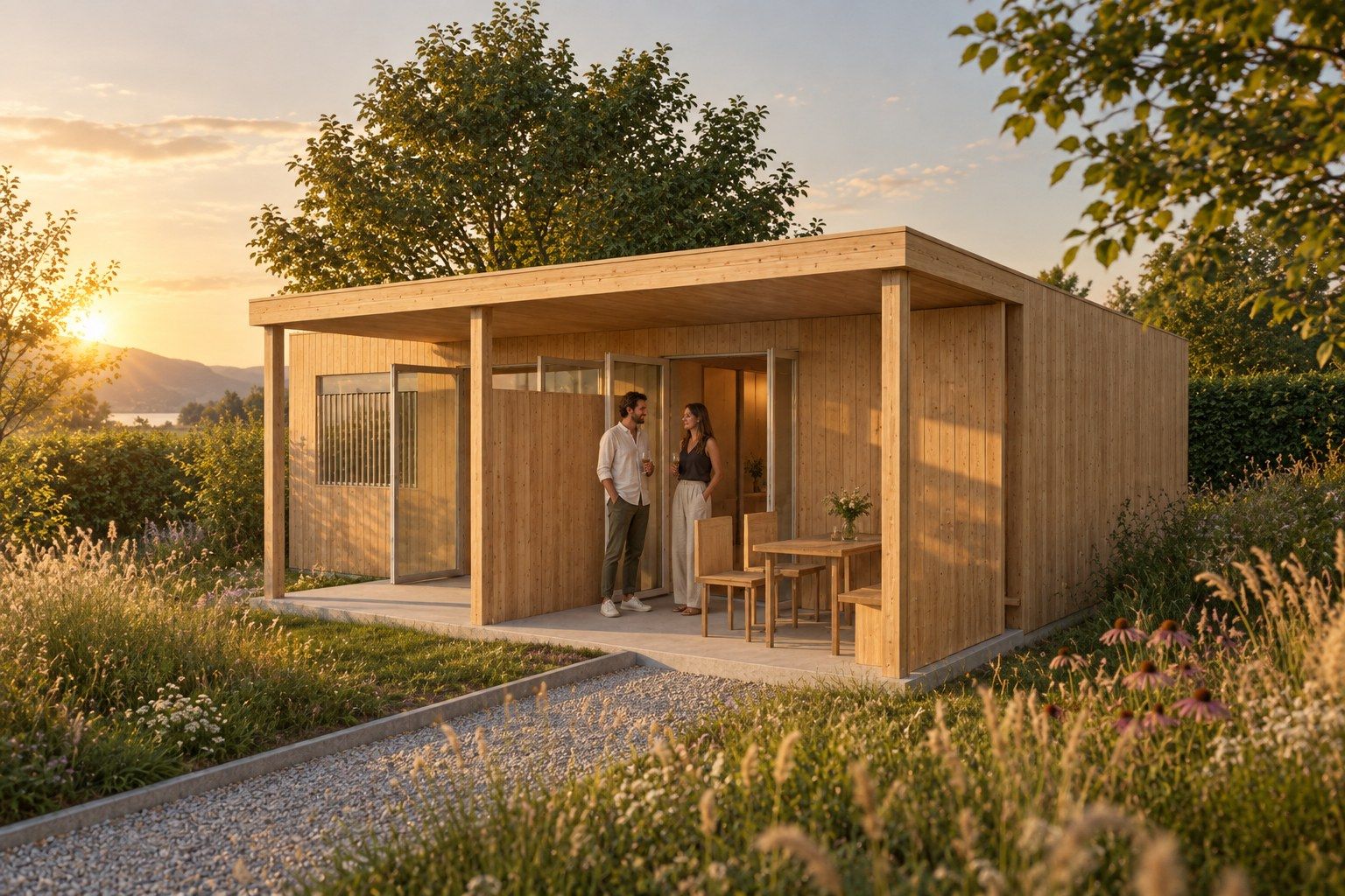 KI-Visualisierung, kein reales Gebäude: das Gartenatelier mit Fassade in unbehandelter Lärche im Abendlicht eines Spätsommertags, Gräser und Stauden im Garten, zwei Personen am Eingang