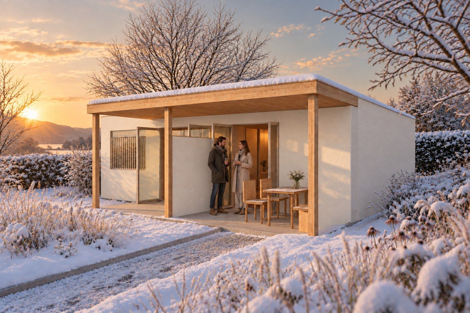 KI-Visualisierung, kein reales Gebäude: dieselbe Winteransicht mit Fassade in hellem Putz, Stützen, Dachrand und Möbel weiterhin in Holz