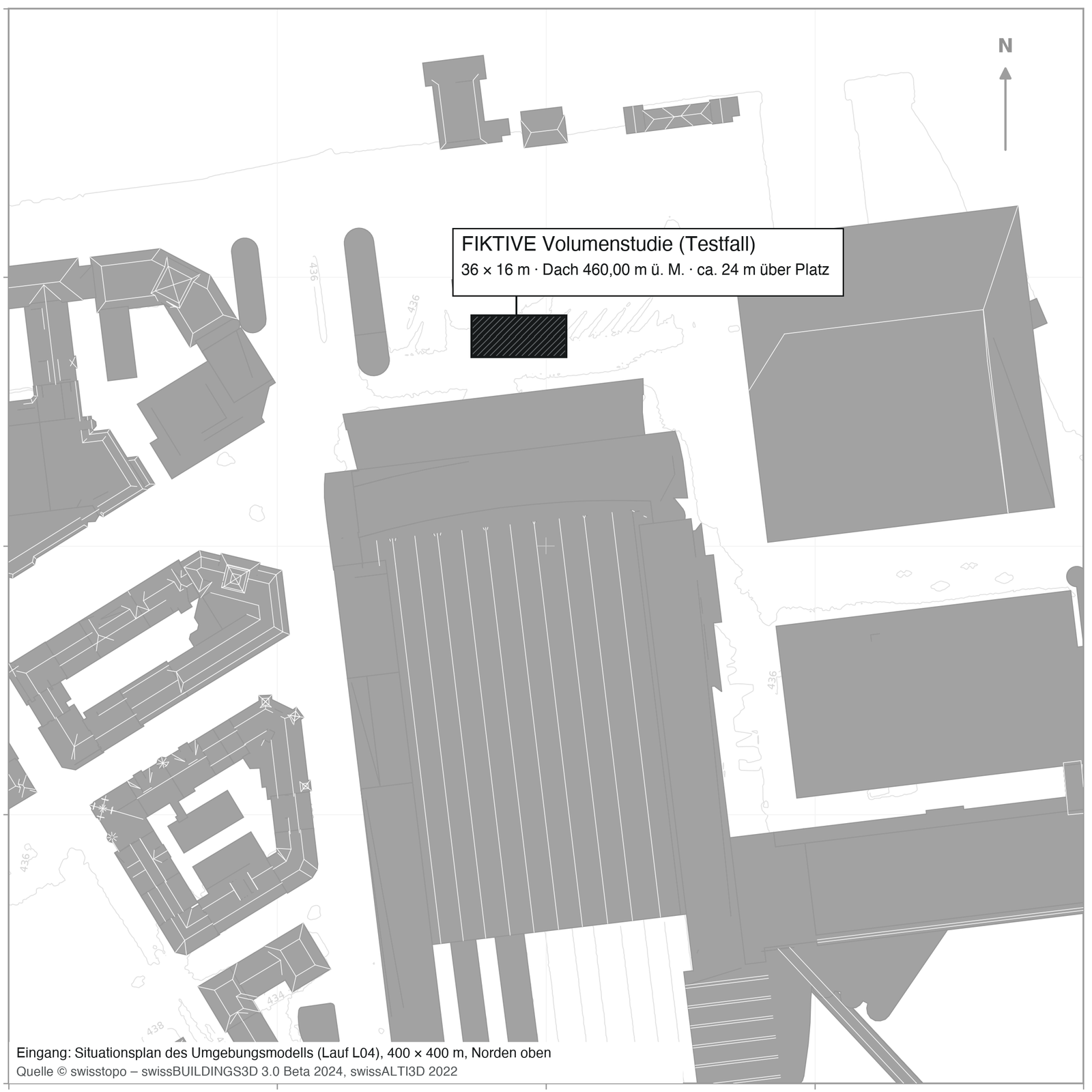 Situationsplan des Bahnhofplatzes Luzern in Grau mit dem selbst erstellten Testbaukörper 36 × 16 m als dunkles Rechteck auf dem Platz nördlich des Bahnhofs