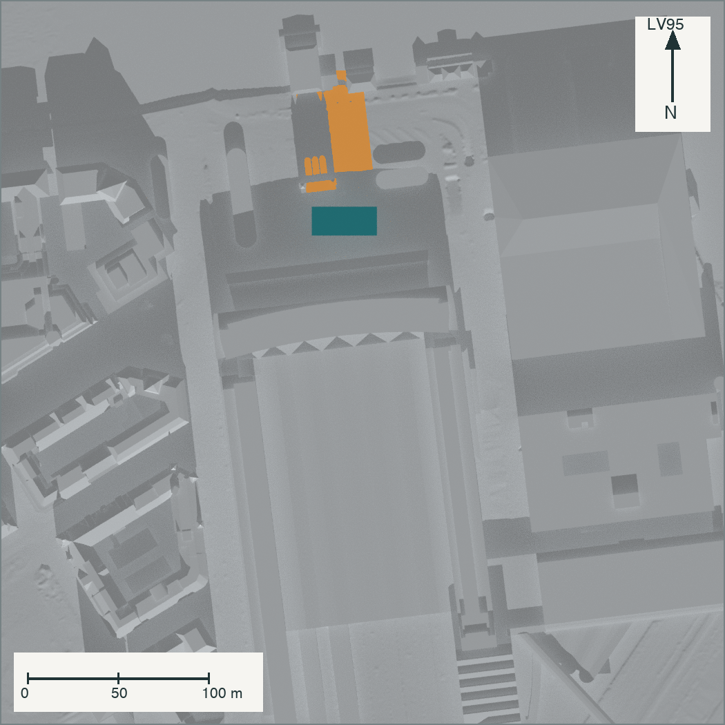 Draufsicht am 21. Dezember um 12 Uhr: der Baukörper wirft bei 19° Sonnenhöhe einen rund 70 m langen orangen Schatten nach Norden über den Platz und die Strasse an seinem Nordrand