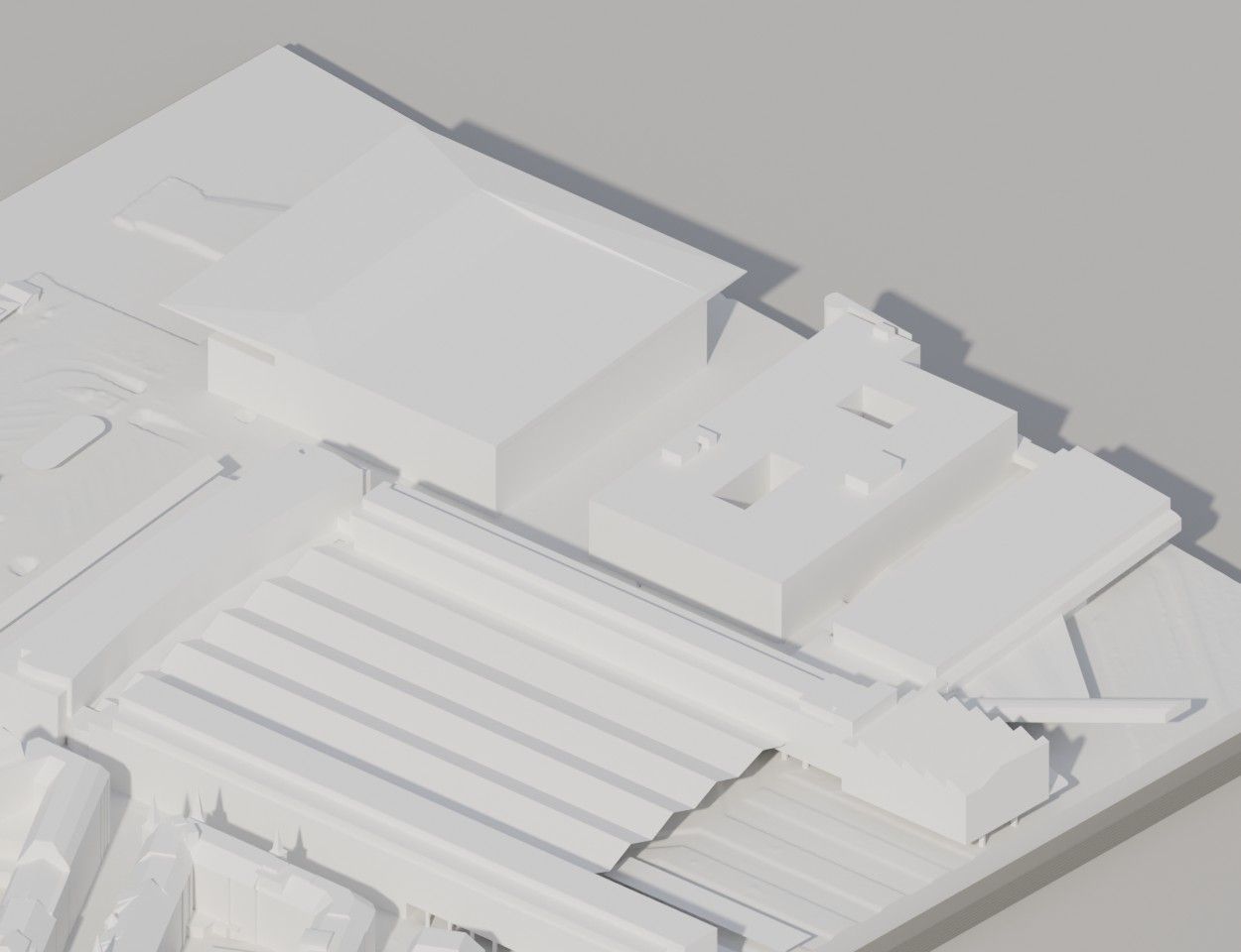 Ausschnitt aus dem Rendering: das KKL mit seinem auskragenden Dach, daneben die Universität und die Perrondächer des Bahnhofs