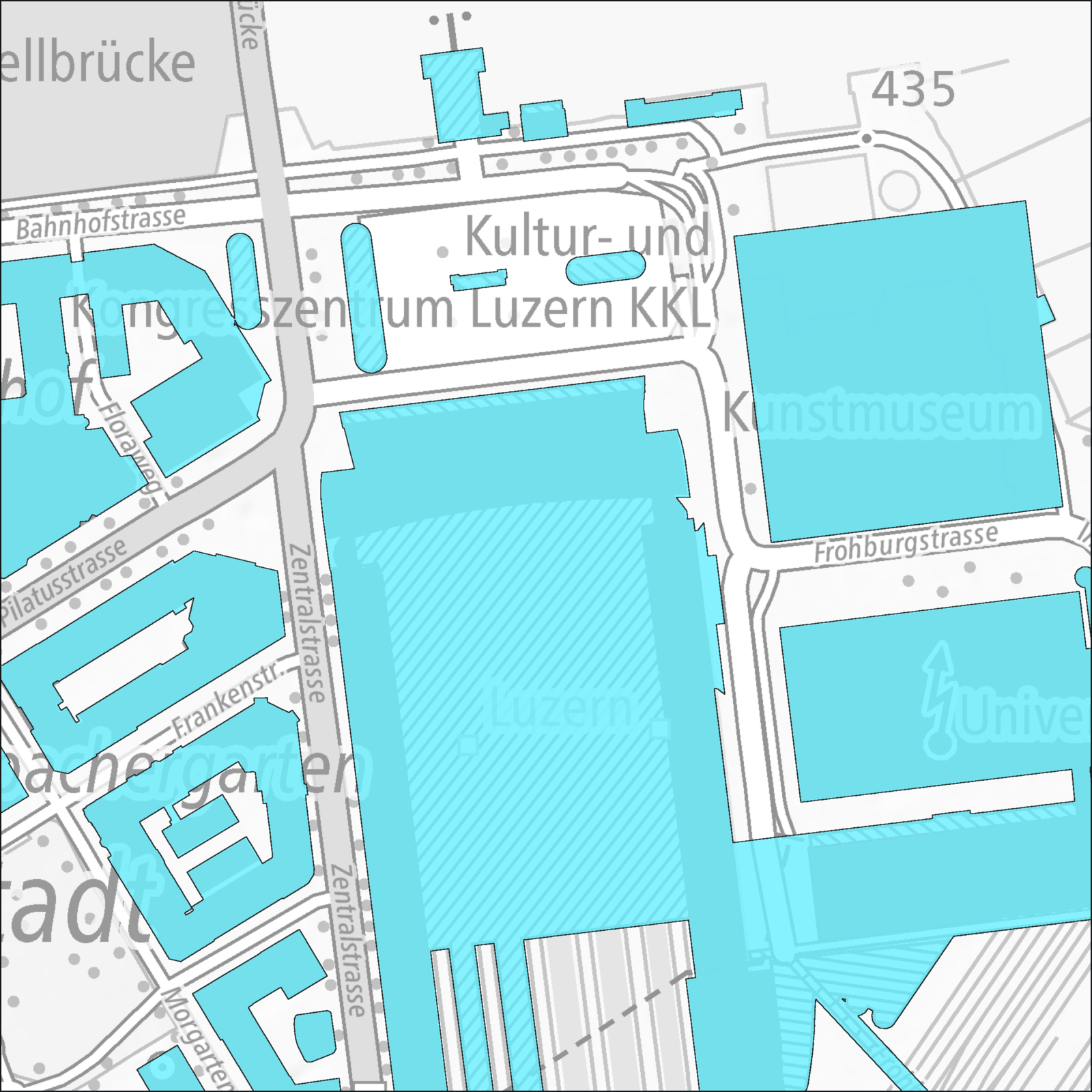 Gebäude aus dem Modell in Türkis über der grauen Landeskarte 1:10 000 von swisstopo: Bahnhof, KKL, Universität und Neustadt decken sich mit der Karte