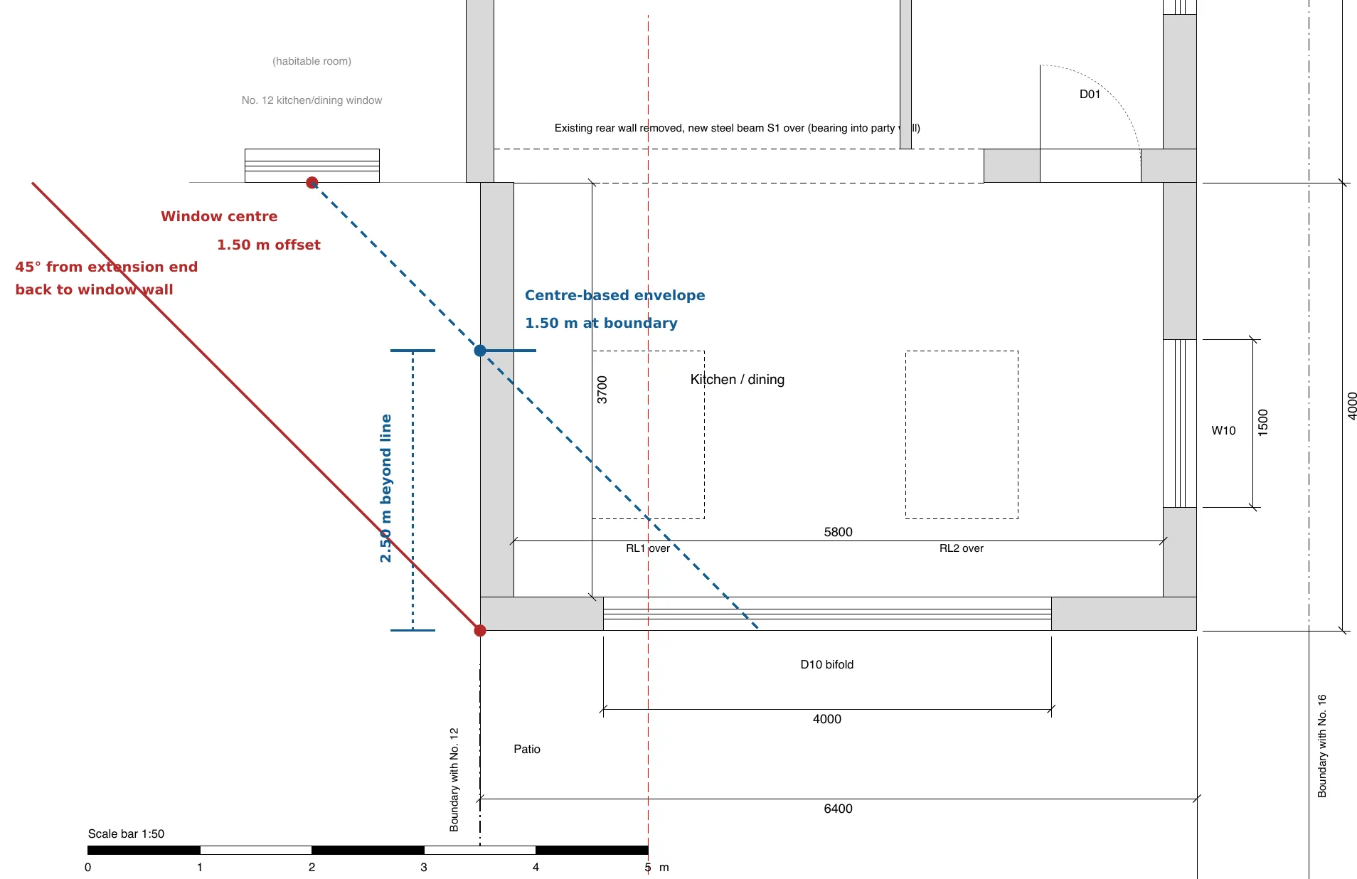 Marked copy of proposed ground floor plan LW-200: the 45-degree line from the end of the extension back to the neighbour’s kitchen window, in red, and the centre-based line in blue, with “2.50 m beyond line” dimensioned.