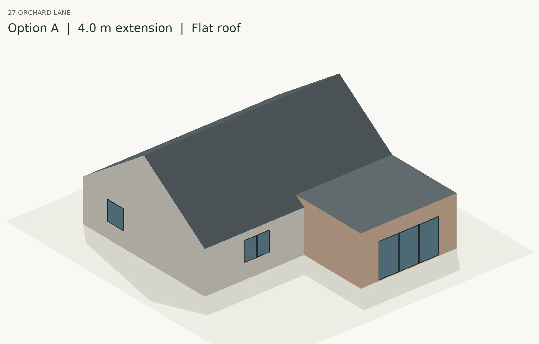 3D massing view of 27 Orchard Lane from the north-east, option A: a 4.0 m rear extension with a flat roof.