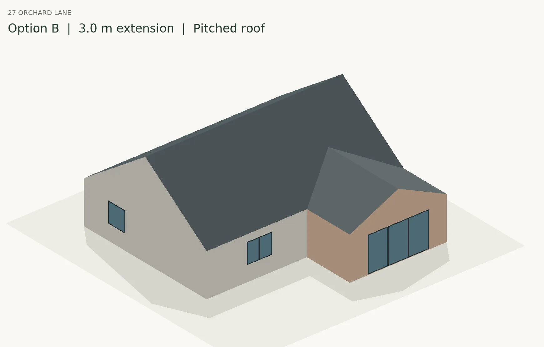 3D massing view of 27 Orchard Lane from the north-east, option B: a 3.0 m rear extension with a pitched roof.