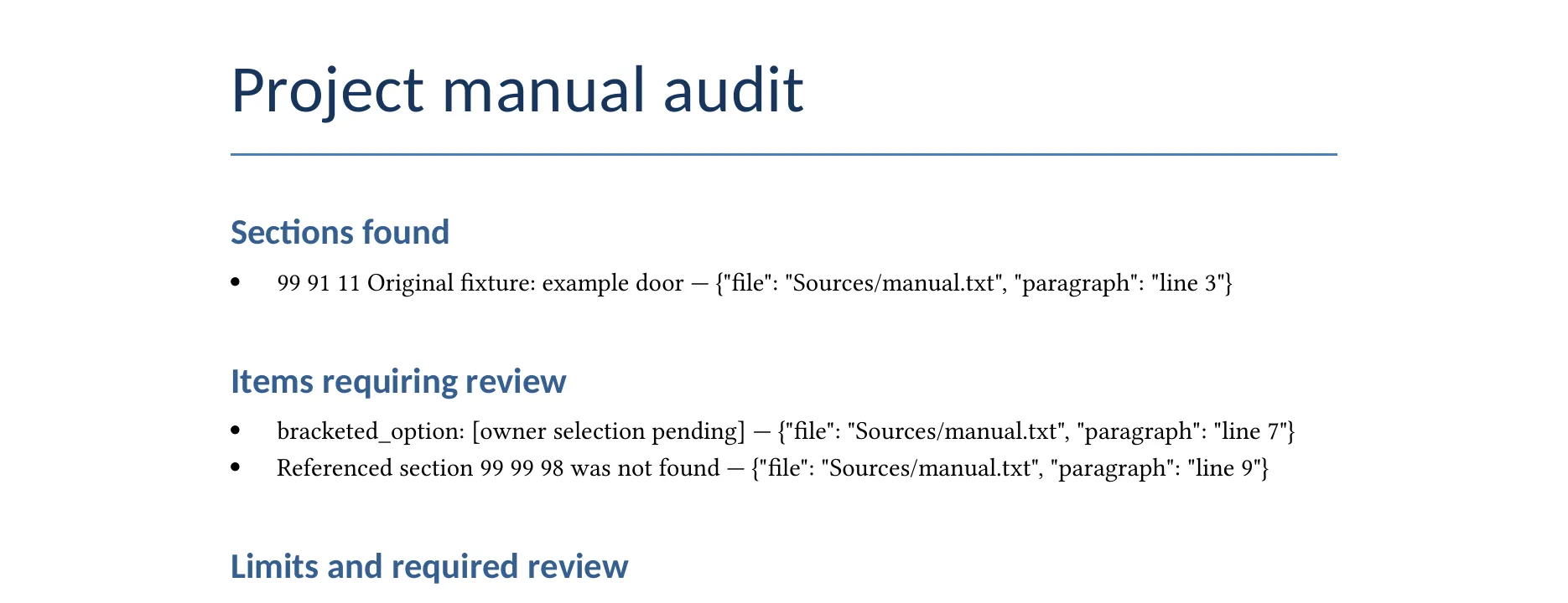 The project manual audit ArchX wrote: sections found and the items requiring review, an open option and a section reference that was not found, each with its source line