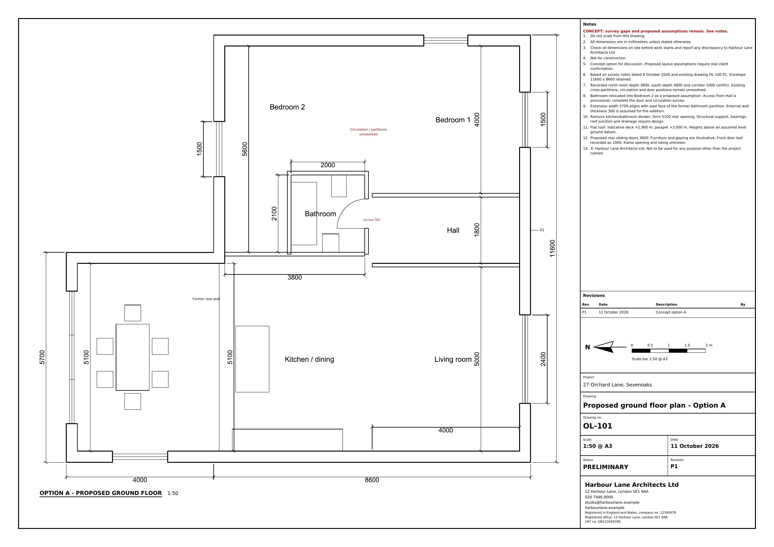 Drawing OL-101 by ArchX: proposed ground floor plan, option A, at 1:50 on A3 with dimensions in millimetres, notes, north point, scale bar and title block