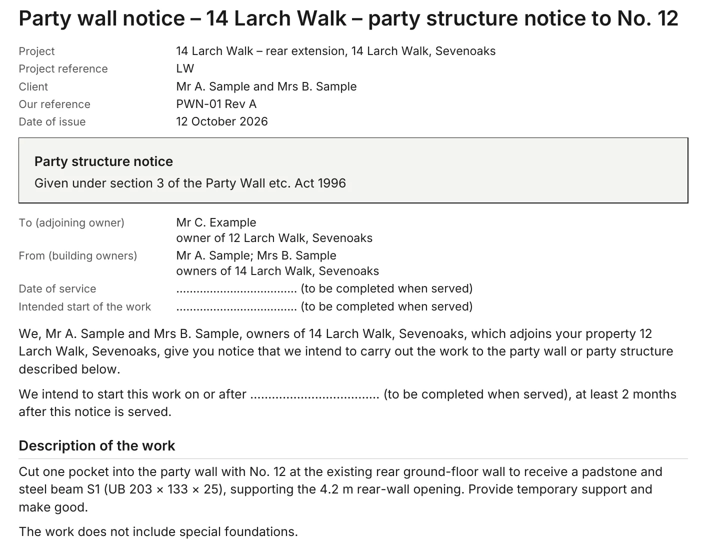 Party structure notice PWN-01 under section 3 of the Party Wall etc. Act 1996 to the owner of No. 12: parties, start of work at least two months after service and the description of the work for steel beam S1.