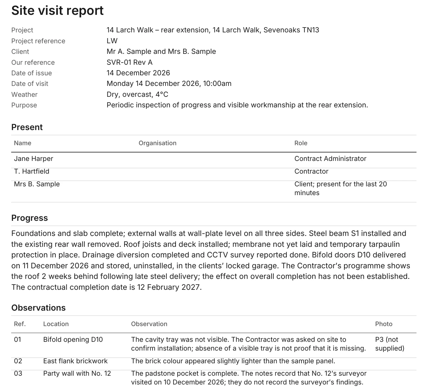 Page 1 of site visit report SVR-01: project details, who was present, progress on site and the first observations.