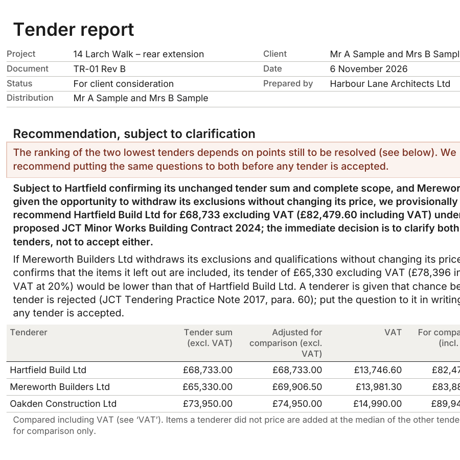 First page of a tender report for 14 Larch Walk, rear extension: recommendation subject to clarification and a table of three tenders with tender sum, adjusted sum and VAT.