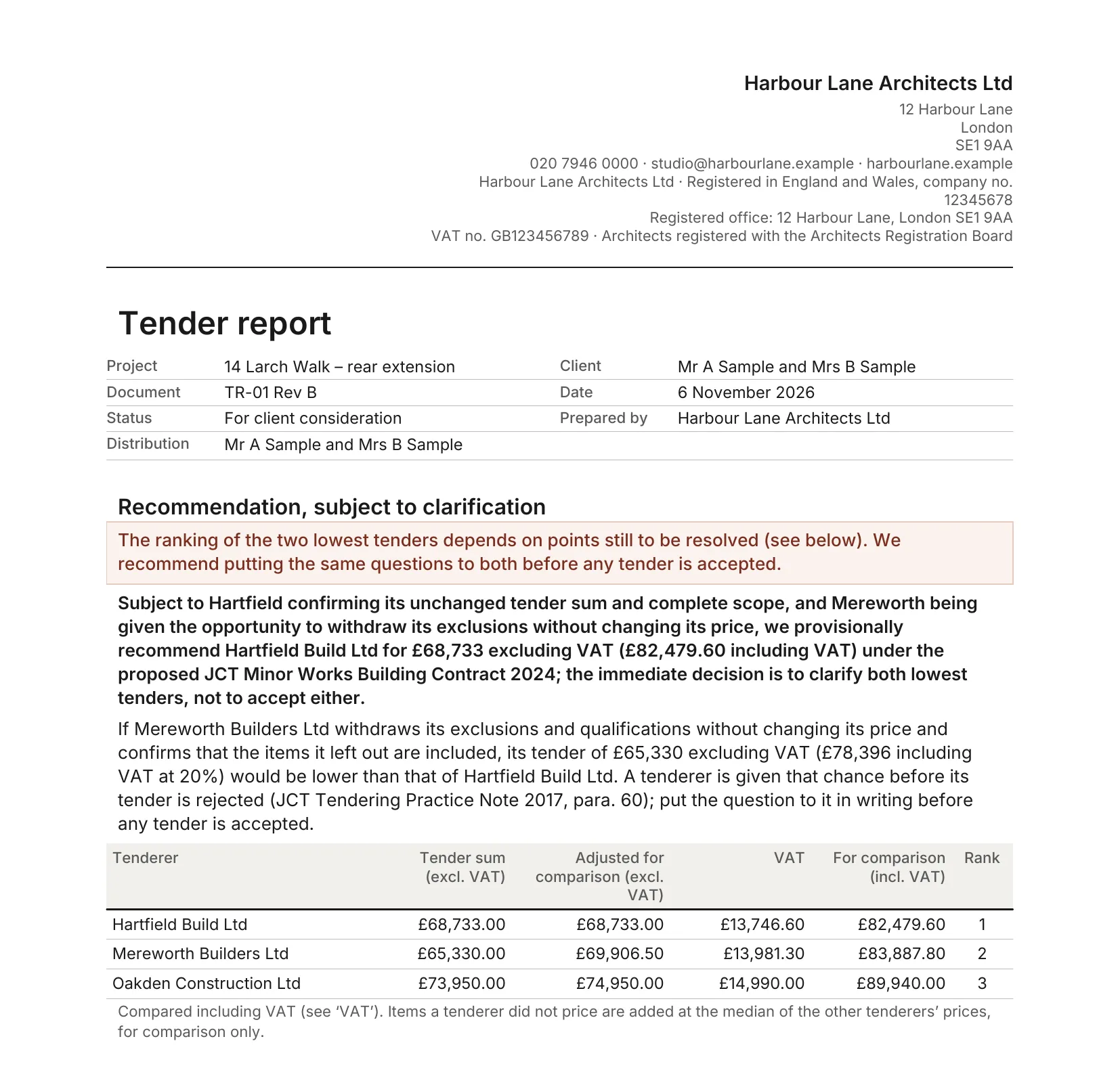 Page 1 of the tender report written by ArchX: recommendation, the three tenders adjusted for comparison with VAT, and the ranking