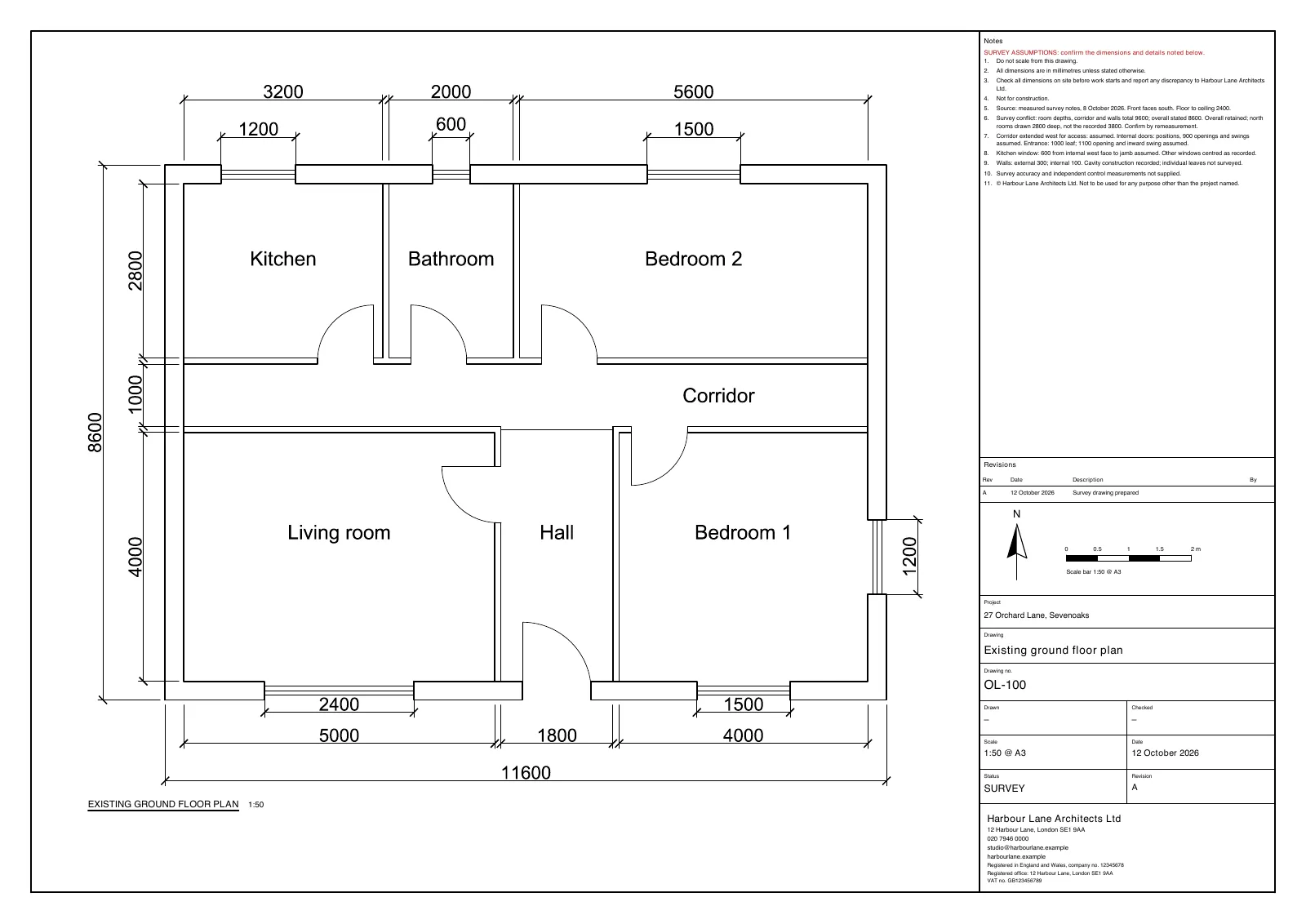 Original ArchX OL-100 existing plan, including the survey assumptions and dimension conflict.