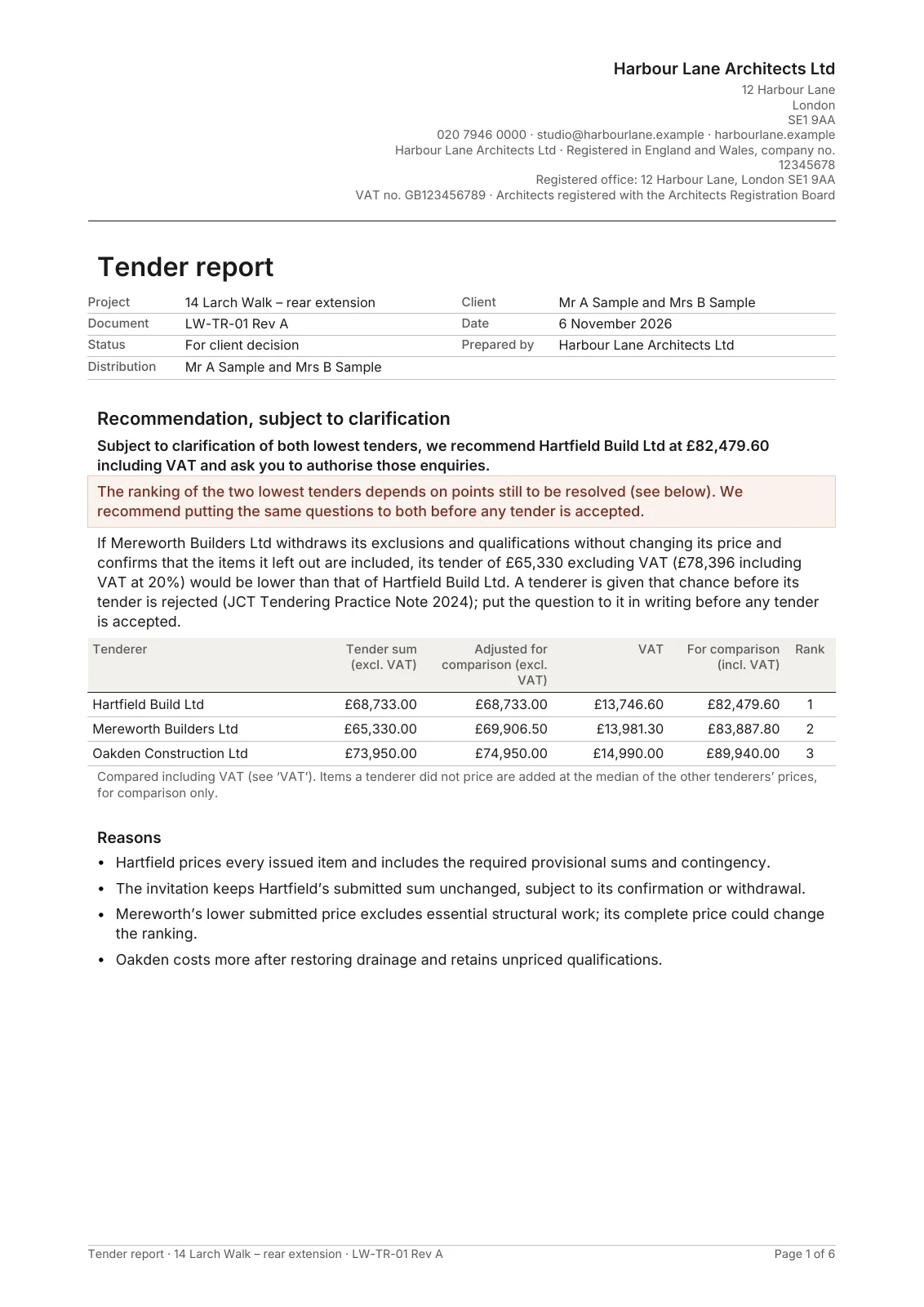 Original ArchX tender report for 14 Larch Walk, showing the conditional recommendation and price comparison.