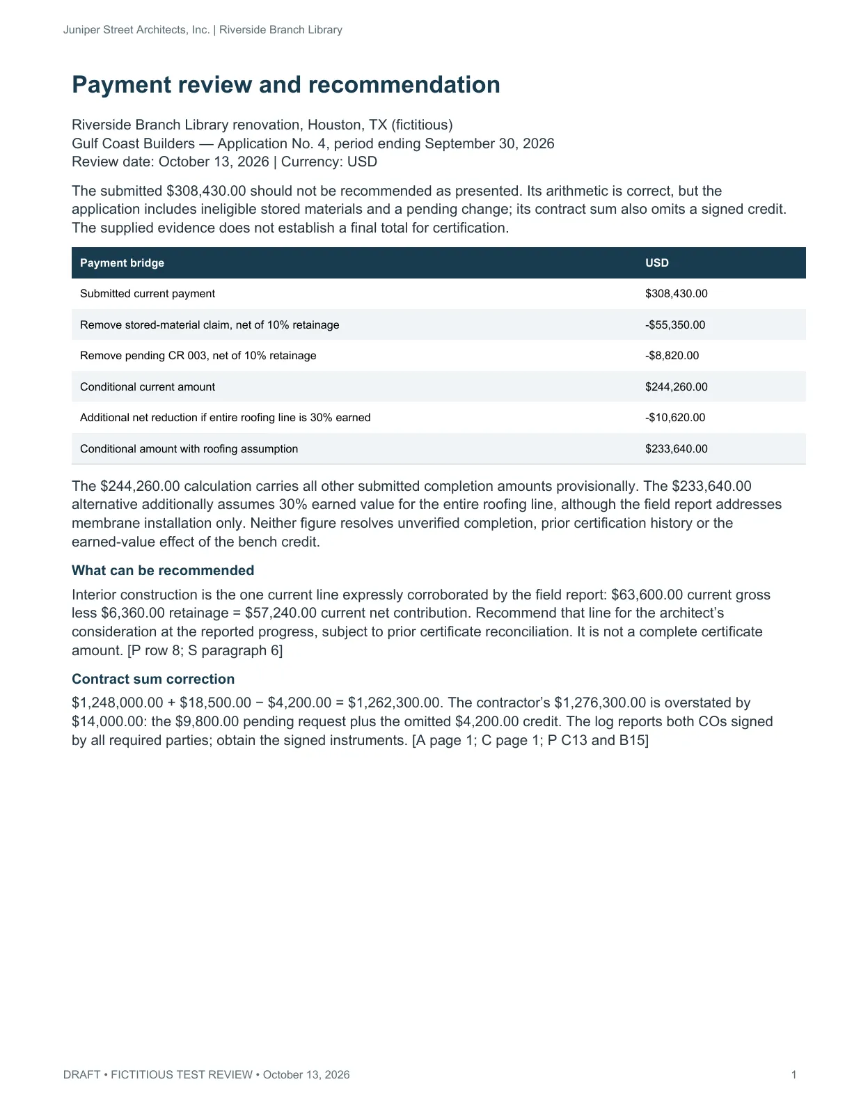 Original ArchX payment recommendation for Riverside Branch Library, showing the conditional review.