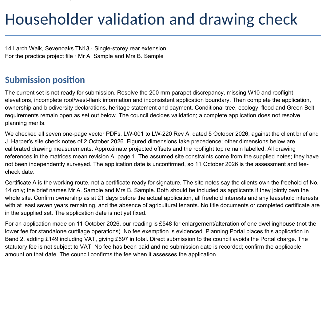 First page of a householder validation and drawing check for 14 Larch Walk: the submission position, naming a 200 mm parapet discrepancy and missing elevations.